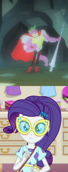 Size: 856x2160 | Tagged: safe, derpibooru import, edit, edited screencap, screencap, rarity, spike, a dog and pony show, equestria girls, equestria girls series, spring breakdown, spoiler:eqg series (season 2), beefspike, blushing, cape, clothes, cropped, female, image, interspecies, lance, male, png, shipping, shipping domino, sparity, straight, sunglasses, weapon