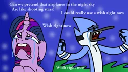 Size: 1200x675 | Tagged: safe, artist:jadethepegasus, derpibooru import, twilight sparkle, anthro, bird, blue jay, pony, unicorn, my little pony: the movie, aeroplanes and meteor showers, airplanes (song), crossover, crossover shipping, crying, eyes closed, female, grass, image, male, meme, mordecai, mordetwi, night, open mouth, png, redraw mordetwi meme, regular show, sad, shipping, shooting star, song reference, straight, unicorn twilight