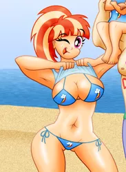 Size: 3854x5264 | Tagged: suggestive, artist:aleximusprime, derpibooru import, windy whistles, human, beach, beach babe, belly button, big breasts, bikini, breasts, busty windy whistles, child bearing hips, cleavage, clothes, cropped, curvy, cutie mark bikini, female, humanized, image, milf, mother, one eye closed, png, printed bikini, sexy, shirt, shirt lift, side-tie bikini, solo, solo female, string bikini, swimsuit, thighs, thunder thighs, wide hips, wink