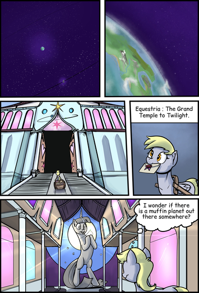 Size: 1772x2599 | Tagged: safe, artist:shieltar, derpibooru import, part of a set, derpy hooves, twilight sparkle, pony, unicorn, comic:giant twilight, comic, cute, dialogue, female, giant pony, giant twilight sparkle, giantess, high res, image, jewelry, jpeg, macro, mare, necklace, part of a series, planet, signature, size difference, solo, space, stars, statue, twiabetes, unicorn twilight