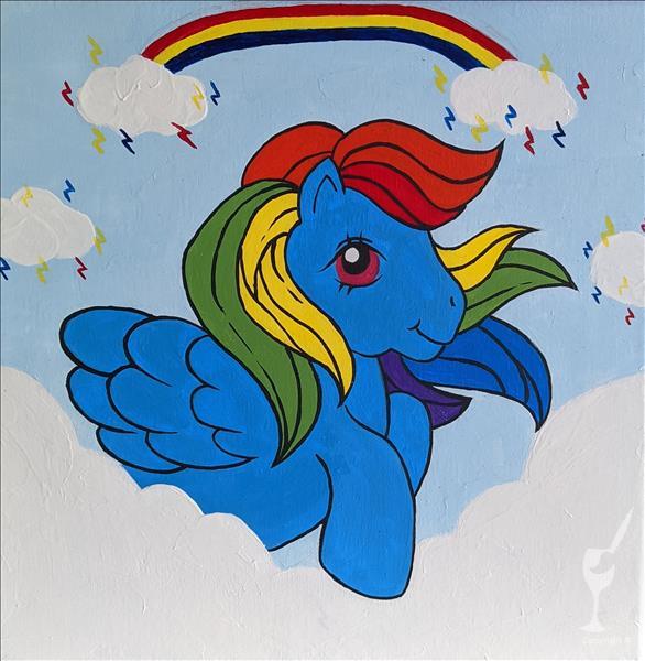 Size: 586x600 | Tagged: safe, artist:painting with a twist, derpibooru import, official, firefly, rainbow dash, pegasus, pony, cloud, cutie mark, female, g1, g4, g4 to g1, generation leap, image, jpeg, mare, painting, rainbow, solo, traditional art, watermark