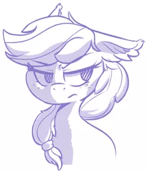 Size: 1298x1500 | Tagged: safe, artist:zzzsleepy, derpibooru import, applejack, earth pony, pony, angry, applejack is not amused, bust, ear fluff, floppy ears, glare, hatless, image, missing accessory, monochrome, png, sketch, solo, unamused
