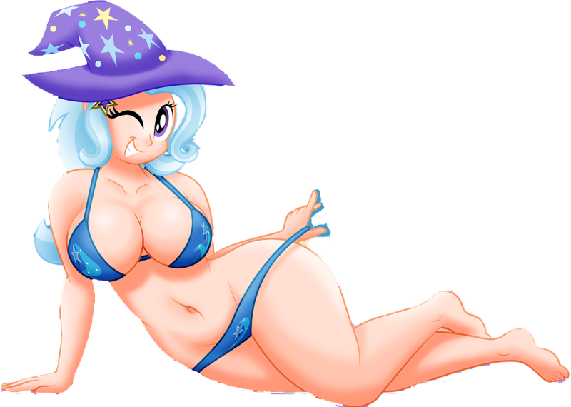 Size: 5556x3962 | Tagged: suggestive, artist:aleximusprime, derpibooru import, edit, trixie, human, big breasts, bikini, breasts, busty trixie, child bearing hips, clothes, cropped, curvy, cutie mark, cutie mark bikini, cutie mark on clothes, cutie mark swimsuit, female, female focus, females only, great and powerful hips, grin, hat, humanized, image, one eye closed, panties, panty pull, png, pose, smiling, solo, solo female, solo focus, swimsuit, thighs, thunder thighs, trixie's hat, underwear, wide hips, wink