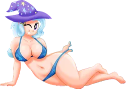 Size: 5556x3962 | Tagged: suggestive, artist:aleximusprime, derpibooru import, edit, trixie, human, big breasts, bikini, breasts, busty trixie, child bearing hips, clothes, cropped, curvy, cutie mark, cutie mark bikini, cutie mark on clothes, cutie mark swimsuit, female, female focus, females only, great and powerful hips, grin, hat, humanized, image, one eye closed, panties, panty pull, png, pose, smiling, solo, solo female, solo focus, swimsuit, thighs, thunder thighs, trixie's hat, underwear, wide hips, wink