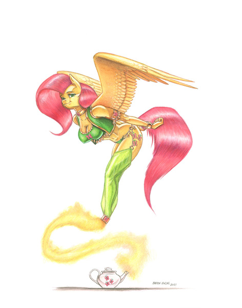 Size: 1012x1287 | Tagged: safe, artist:baron engel, derpibooru import, fluttershy, anthro, genie, genie pony, pegasus, female, geniefied, image, jpeg, solo, traditional art