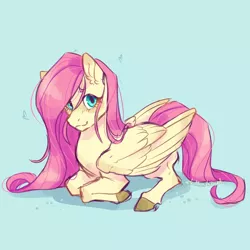 Size: 1280x1280 | Tagged: safe, artist:kittenfacecat, derpibooru import, fluttershy, pegasus, pony, blushing, colored hooves, female, folded wings, heart, image, looking at you, lying down, mare, png, prone, simple background, smiling, solo, stray strand, three quarter view, wings