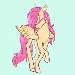 Size: 1280x1280 | Tagged: safe, artist:kittenfacecat, derpibooru import, fluttershy, pegasus, pony, colored hooves, eyes closed, female, floppy ears, head turned, image, mare, png, raised hoof, raised leg, simple background, solo, standing, stray strand, three quarter view, wings