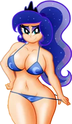 Size: 2818x4868 | Tagged: suggestive, artist:aleximusprime, derpibooru import, princess luna, human, belly button, big breasts, bikini, blue bikini, blue bikini bottom, blue bikini top, blue bra, blue panties, blue swimsuit, blue underwear, bra, breasts, busty princess luna, child bearing hips, clothes, cropped, curvy, female, humanized, image, panties, panties pulled down, panty pull, png, praise the moon, printed bikini, seductive, seductive look, solo, solo female, swimsuit, thighs, thunder thighs, underwear, wide hips