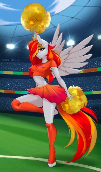 Size: 1198x2048 | Tagged: safe, artist:u_lu_lu, derpibooru import, oc, oc:diamond sun, unofficial characters only, anthro, pegasus, unguligrade anthro, cheerleader, cheerleader outfit, clothes, commission, female, image, jpeg, lidded eyes, looking at you, midriff, pom pom, shirt, skirt, socks, spread wings, stadium, wings