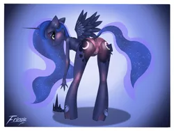 Size: 2500x1875 | Tagged: suggestive, alternate version, artist:fringie, derpibooru import, princess luna, alicorn, anthro, unguligrade anthro, ass, ass up, bent over, blushing, both cutie marks, butt, clothes, crown, cutie mark, dock, ear fluff, female, image, jewelry, leaning forward, looking at you, looking back, looking back at you, looking over shoulder, moonbutt, panties, partial nudity, plot, png, presenting, regalia, solo, solo female, spread wings, tail jewelry, topless, underwear, unshorn fetlocks, wingboner, wings