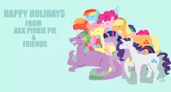 Size: 1280x689 | Tagged: safe, artist:askpinkiepieandfriends, derpibooru import, applejack, big macintosh, fluttershy, pinkie pie, rainbow dash, rarity, spike, twilight sparkle, dragon, earth pony, pegasus, pony, unicorn, blue background, female, image, mane seven, mane six, mare, older, older spike, png, simple background, unicorn twilight