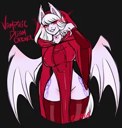 Size: 1024x1075 | Tagged: suggestive, artist:nekomellow, derpibooru import, oc, oc:dreamcatcher, unofficial characters only, anthro, vampire, vampony, big breasts, breasts, clothes, erect nipples, female, glowing eyes, grin, hood, image, jewelry, jpeg, necklace, nipple outline, smiling, socks, solo, solo female, sweater, thigh highs