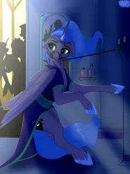 Size: 1795x2398 | Tagged: suggestive, artist:max_torreto, derpibooru import, princess luna, alicorn, pony, bondage, bridle, clothes, derpibooru exclusive, dress, female, grand galloping gala, horn, horn ring, image, jewelry, magic suppression, mare, png, reins, ring, tack, wings