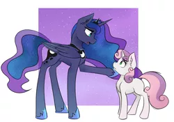 Size: 3001x2101 | Tagged: safe, artist:cabbiie, derpibooru import, princess luna, sweetie belle, pony, for whom the sweetie belle toils, chest fluff, concerned, duo, ear fluff, image, lifting chin, png, scene interpretation