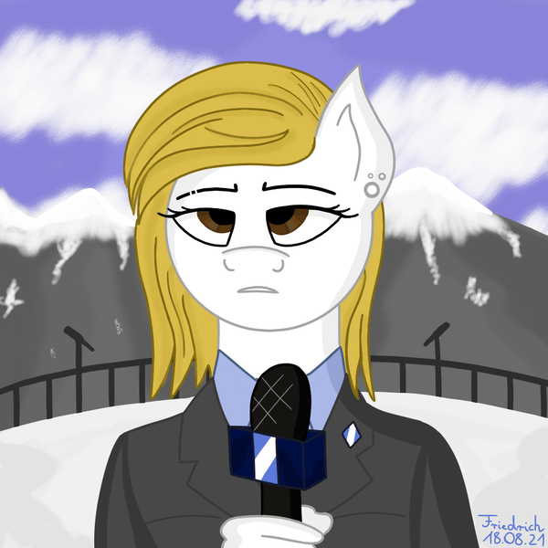 Size: 1000x1000 | Tagged: safe, artist:friedrich911, derpibooru import, oc, anthro, blonde, clothes, ear piercing, earring, female, image, jewelry, journalist, microphone, mountain, piercing, png, sky, snow, suit, white