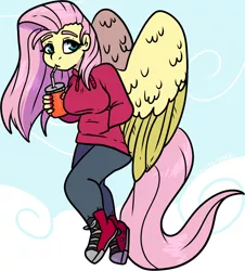 Size: 1646x1819 | Tagged: safe, artist:sexygoatgod, derpibooru import, fluttershy, human, pegasus, pony, clothes, converse, drinking, female, flying, hoodie, humanized, image, jeans, pants, png, shoes, sneakers