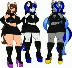 Size: 4096x3839 | Tagged: suggestive, artist:thunderboltx33, derpibooru import, oc, oc:chloe adore, oc:coldlight bluestar, oc:lightning glare, unofficial characters only, anthro, bat pony, plantigrade anthro, unicorn, bat pony oc, bat wings, beauty mark, belly button, big breasts, boob window, breasts, cleavage, clothes, ear piercing, earring, eyebrow piercing, eyeshadow, high heels, image, jewelry, jpeg, knee-high boots, lip piercing, lipstick, looking at you, makeup, piercing, platform heels, questionable source, shoes, simple background, skirt, smiling, white background, wings