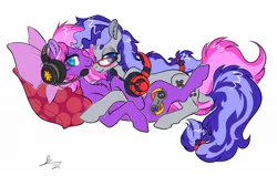 Size: 2048x1303 | Tagged: suggestive, artist:opalacorn, derpibooru import, oc, oc:cinnabyte, oc:lillybit, earth pony, pony, adorkable, cuddling, cute, dork, gaming headset, glasses, headphones, headset, image, jpeg, pillow