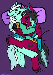 Size: 1410x2000 | Tagged: safe, artist:sexygoatgod, derpibooru import, lyra heartstrings, oc, oc:razzmatazz gleam, hybrid, pegasus, unicorn, canon x oc, clothes, cuddling, hoodie, image, png, sleeping