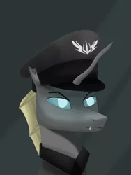 Size: 1000x1333 | Tagged: safe, artist:trotski432, derpibooru import, oc, oc:dieter heinreich, changeling, equestria at war mod, abstract background, angry, bust, clothes, hat, image, male, png, portrait, uniform