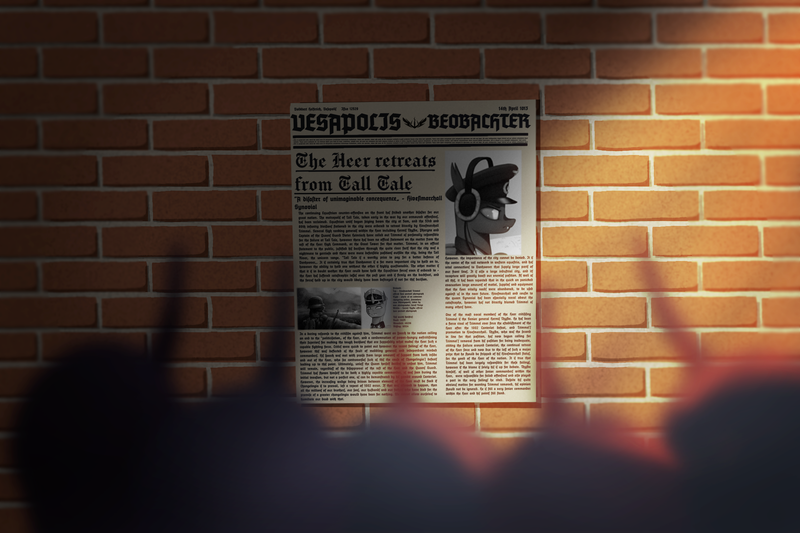 Size: 3000x2000 | Tagged: safe, artist:trotski432, derpibooru import, changeling, equestria at war mod, bricks, crepuscular rays, image, newspaper, out of focus, png, tall tale, wall