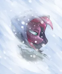 Size: 2000x2400 | Tagged: safe, artist:rocket-lawnchair, derpibooru import, tempest shadow, pony, unicorn, blizzard, broken horn, clothes, eye scar, female, high res, hood, horn, image, looking down, mare, png, remorse, sad, scar, snow, snowfall, solo