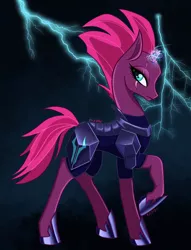 Size: 1795x2351 | Tagged: safe, artist:rainblueart, derpibooru import, tempest shadow, pony, unicorn, armor, bodysuit, broken horn, electricity magic, eye scar, female, glowing horn, hoof shoes, horn, image, jpeg, lightning, mare, profile, scar, solo, storm king's emblem