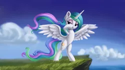 Size: 4000x2250 | Tagged: safe, artist:flusanix, derpibooru import, princess celestia, alicorn, pony, bipedal, cloud, female, high res, image, png, solo, spread wings, teenager, wings, younger