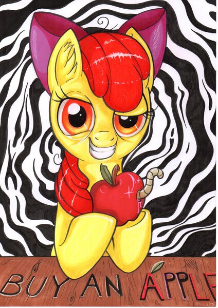 Size: 2481x3509 | Tagged: safe, artist:yellowrobin, derpibooru import, apple bloom, earth pony, pony, worm, apple, apple worm, buy some apples, female, filly, food, grin, image, jpeg, looking at you, smiling, solo