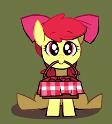 Size: 615x682 | Tagged: safe, artist:karzahnii, derpibooru import, apple bloom, earth pony, pony, apple, apple basket, basket, female, filly, food, image, looking at you, mouth hold, png, solo