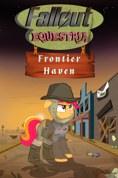 Size: 2000x3000 | Tagged: safe, artist:pizzamovies, derpibooru import, oc, oc:persistent taffy, unofficial characters only, earth pony, pony, fallout equestria, fanfic, armor, bottle, cactus, canteen, clothes, desert, doll, fallout, fallout: new vegas, fanfic art, fanfic cover, female, flag, image, mare, new california republic, png, shoes, solo, sunset, town, toy