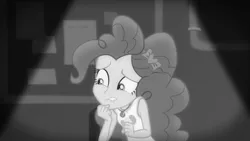 Size: 3410x1920 | Tagged: safe, derpibooru import, screencap, pinkie pie, equestria girls, equestria girls series, rarity investigates: the case of the bedazzled boot, black and white, clothes, cutie mark, cutie mark on clothes, female, geode of sugar bombs, grayscale, image, jewelry, jpeg, lip bite, magical geodes, monochrome, necklace, rarity investigates (eqg): pinkie pie, solo, sweat, tanktop