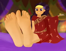 Size: 1920x1483 | Tagged: suggestive, artist:greenboy270, derpibooru import, saffron masala, human, equestria girls, spice up your life, barefoot, clothes, dish, dress, feet, female, fetish, foot fetish, foot focus, image, looking at you, png, sari, sari dress, soles, solo
