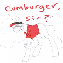 Size: 1000x1000 | Tagged: suggestive, artist:mclovin, derpibooru import, princess celestia, burger, clothes, food, image, mcdonald's, png, sketch, uniform