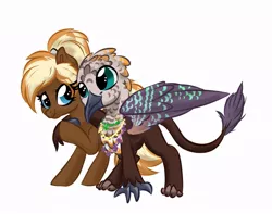 Size: 903x710 | Tagged: safe, artist:jen-neigh, derpibooru import, oc, oc:teensy, oc:toffee, unofficial characters only, gryphon, pony, fallout equestria, blushing, fallout equestria: of shadows, image, jewelry, jpeg, necklace