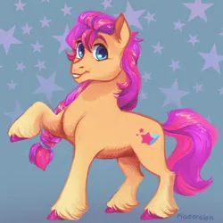 Size: 606x607 | Tagged: safe, artist:pigeorgien, derpibooru import, sunny starscout, earth pony, pony, braid, coat markings, female, g5, image, looking at you, mare, png, raised hoof, smiling, smiling at you, socks (coat marking), solo, unshorn fetlocks
