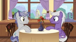 Size: 1920x1080 | Tagged: safe, derpibooru import, screencap, silver script, star bright, pegasus, pony, unicorn, season 7, triple threat, duo, gay, image, looking at each other, male, png, shipping, sitting, stallion, starscript, table