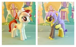 Size: 1529x950 | Tagged: safe, artist:krowzivitch, derpibooru import, oc, oc:chelsea, oc:ruby, unofficial characters only, pegasus, pony, unicorn, clothes, female, figurine, glasses, hoodie, image, irl, jpeg, mare, photo, shirt