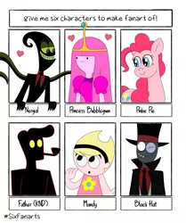 Size: 3000x3582 | Tagged: safe, artist:nathaniel718, derpibooru import, pinkie pie, pony, six fanarts, adventure time, black hat (villainous), cartoon network, codename kids next door, crossover, father (knd), female, image, male, mandy, mare, nergal, nergal and princess bubblegum, png, princess bubblegum, the grim adventures of billy and mandy, villainous