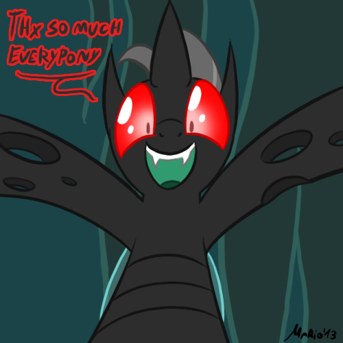 Size: 500x500 | Tagged: safe, artist:srmario, derpibooru import, oc, oc:reinflak, unofficial characters only, changeling, bust, changeling oc, fangs, image, male, open mouth, png, red eyes, signature, smiling, solo, talking