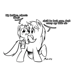 Size: 649x649 | Tagged: safe, artist:srmario, derpibooru import, oc, oc:doctiry, oc:doom, alicorn, pony, unicorn, alicorn oc, baby, baby pony, colt, dialogue, duo, female, filly, freckles, horn, image, lineart, male, monochrome, png, raised hoof, sad, signature, simple background, smiling, unicorn oc, white background, wings