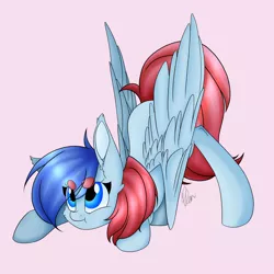 Size: 1280x1280 | Tagged: safe, alternate version, artist:donnie-moon, derpibooru import, oc, unofficial characters only, pegasus, pony, colored, face down ass up, image, jpeg, pegasus oc, pink background, simple background, solo, wings