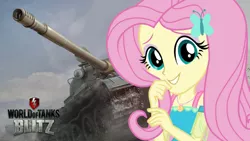 Size: 1920x1080 | Tagged: safe, artist:edy_january, derpibooru import, edit, screencap, fluttershy, equestria girls, image, military, png, solo, t-62a, tank (vehicle), wallpaper, wallpaper edit, world of tanks, world of tanks blitz