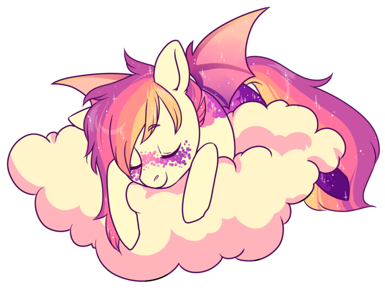 Size: 1300x1000 | Tagged: safe, artist:lavvythejackalope, derpibooru import, oc, unofficial characters only, bat pony, pony, bat pony oc, bat wings, cloud, commission, eyes closed, female, image, mare, on a cloud, png, simple background, sleeping, solo, transparent background, wings, ych result