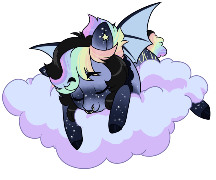 Size: 1200x1000 | Tagged: safe, artist:lavvythejackalope, derpibooru import, oc, unofficial characters only, bat pony, pony, bat pony oc, bat wings, cloud, commission, eyes closed, image, multicolored hair, on a cloud, png, rainbow hair, simple background, sleeping, solo, transparent background, wings, ych result