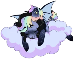 Size: 1200x1000 | Tagged: safe, artist:lavvythejackalope, derpibooru import, oc, unofficial characters only, bat pony, pony, bat pony oc, bat wings, cloud, commission, eyes closed, image, multicolored hair, on a cloud, png, rainbow hair, simple background, sleeping, solo, transparent background, wings, ych result