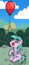 Size: 1415x3107 | Tagged: safe, artist:dinkyuniverse, derpibooru import, aura (character), pony, atg 2021, balloon, female, filly, image, newbie artist training grounds, png, solo