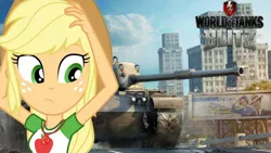 Size: 1920x1080 | Tagged: safe, artist:edy_january, derpibooru import, edit, screencap, applejack, equestria girls, image, m48 patton, m48a1 patton, military, png, solo, wallpaper, wallpaper edit, world of tanks, world of tanks blitz