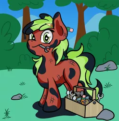 Size: 1533x1554 | Tagged: safe, artist:dinkyuniverse, derpibooru import, red june, pony, apple family member, atg 2021, grease, image, mouth hold, newbie artist training grounds, png, solo, toolbox, wrench