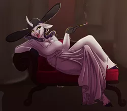 Size: 1797x1575 | Tagged: safe, artist:unfinishedheckery, derpibooru import, rarity, anthro, unguligrade anthro, unicorn, breasts, busty rarity, cigarette, clothes, digital art, dress, female, floppy ears, gloves, hat, horn, image, jpeg, lady dimitrescu, looking at you, open mouth, pose, resident evil 8, sharp teeth, smoking, solo, solo female, tail, teeth